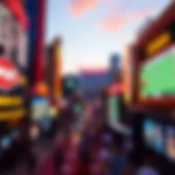 A vibrant view of Las Vegas with digital screens promoting sports betting applications.