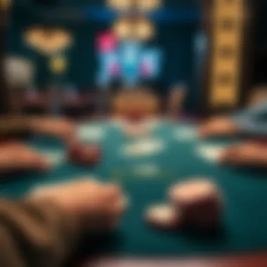 A detailed layout of a Hold 'Em poker table with chips and cards