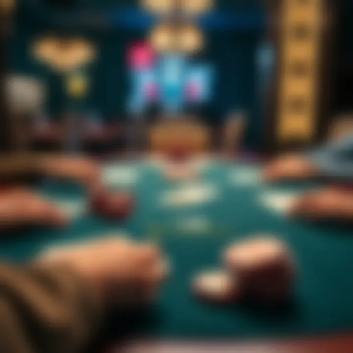 A detailed layout of a Hold 'Em poker table with chips and cards