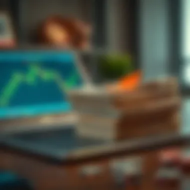 A stack of cash with a laptop