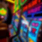 A close-up view of a vibrant slot machine with spinning reels