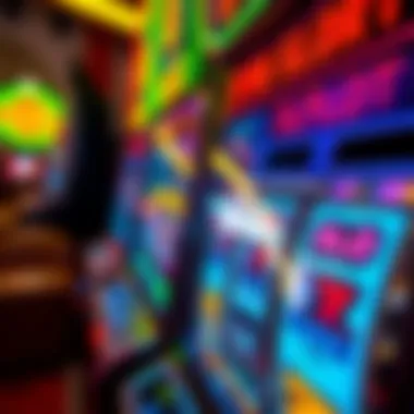 Vibrant Slot Machine Dynamics A close-up view of a vibrant slot machine with spinning reels