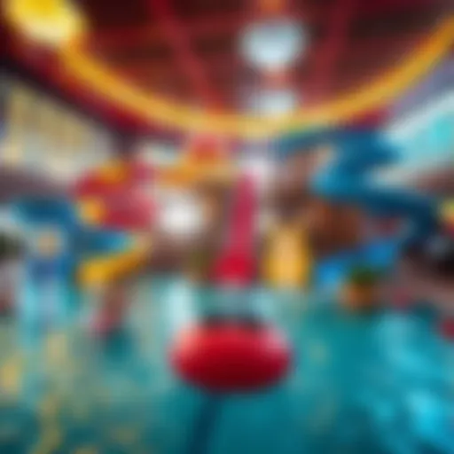A stunning indoor water park within a casino, showcasing colorful slides and sparkling pools