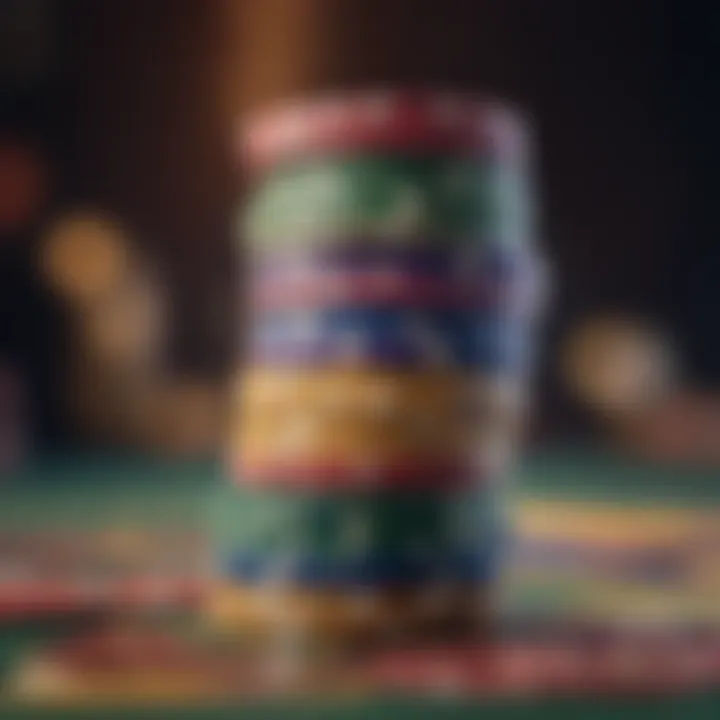 A close-up of colorful casino chips stacked high