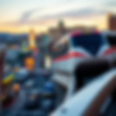 A scenic view of the Las Vegas Strip Monorail gliding above the bustling streets