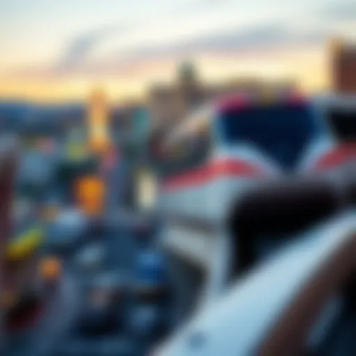 A scenic view of the Las Vegas Strip Monorail gliding above the bustling streets