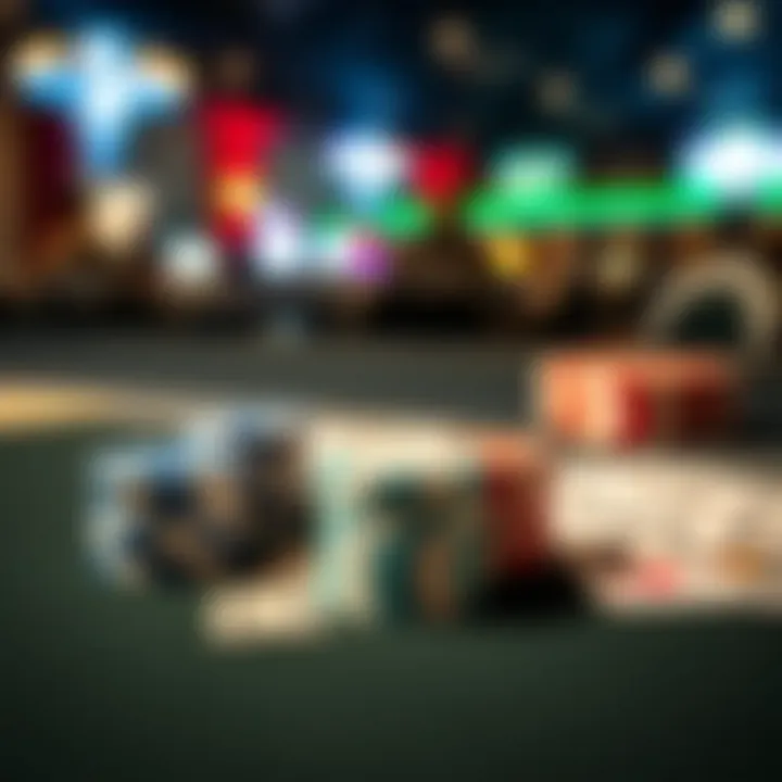 A close-up of poker chips and cards on a table during a tournament