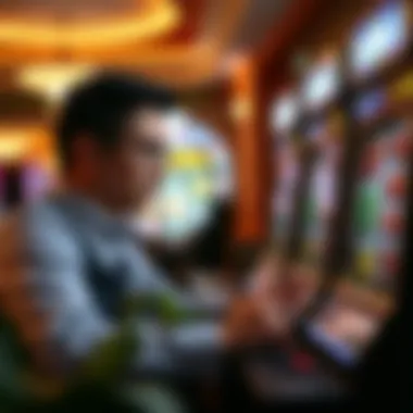 Player Analyzing Slot Strategies A strategic player analyzing different slot game features and payout structures.