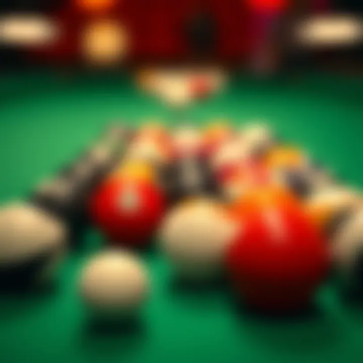 Close-up of snooker balls arranged for a break shot