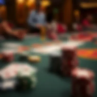 A close-up of a Texas Hold'em poker table setup with cards and chips