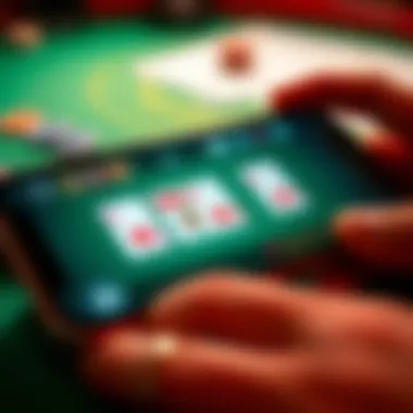 A close-up of a smartphone displaying strategic blackjack gameplay with card symbols