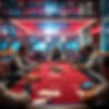 A high-stakes online poker table showcasing players in an immersive digital environment