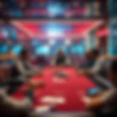 A high-stakes online poker table showcasing players in an immersive digital environment