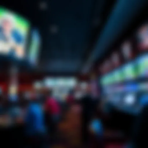 Vibrant Sportsbook Atmosphere A vibrant sportsbook setting showcasing multiple screens and patrons engaging in betting activities