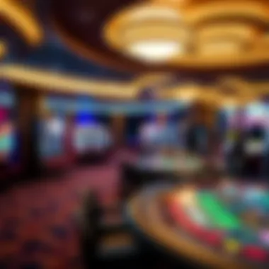 An inviting interior of a luxurious casino floor, featuring vibrant gaming tables and an array of slot machines.