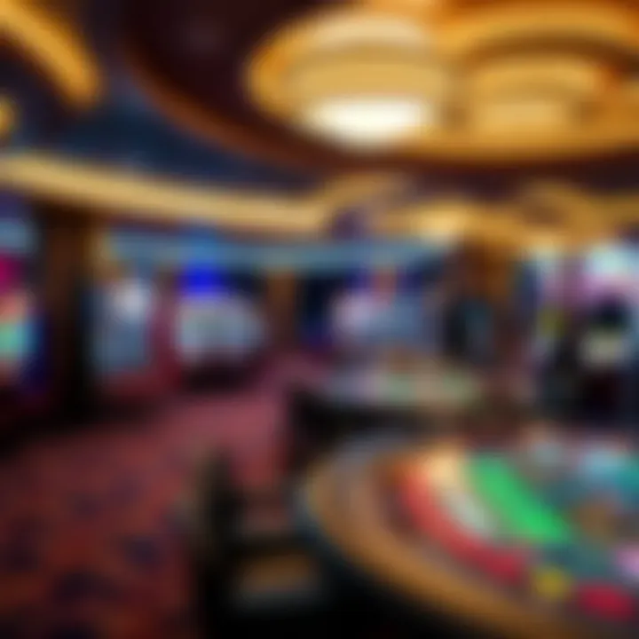 An inviting interior of a luxurious casino floor, featuring vibrant gaming tables and an array of slot machines.