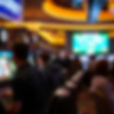 Close-up of betting terminals with people engaged in placing bets