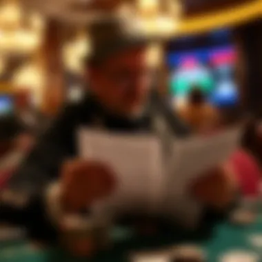 Illustration of a gambler examining bonus terms and conditions