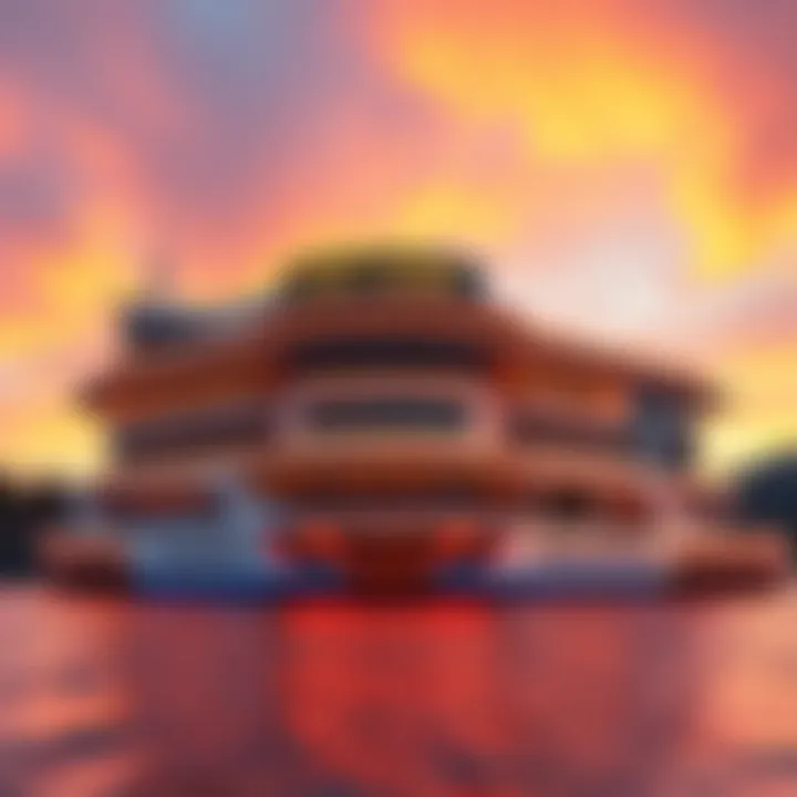 Architectural Marvel of Floating Casinos A stunning architectural design of a floating casino against a sunset backdrop