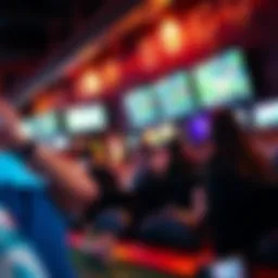 A view of a bustling sports bar with patrons engaged in sports betting.