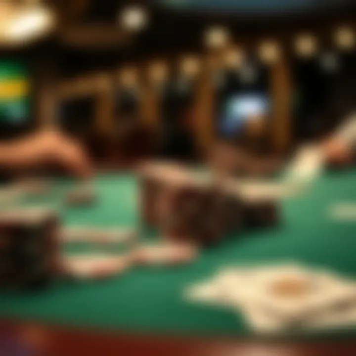 A close-up of poker chips and cards on a tournament table, highlighting the strategic elements of the game.